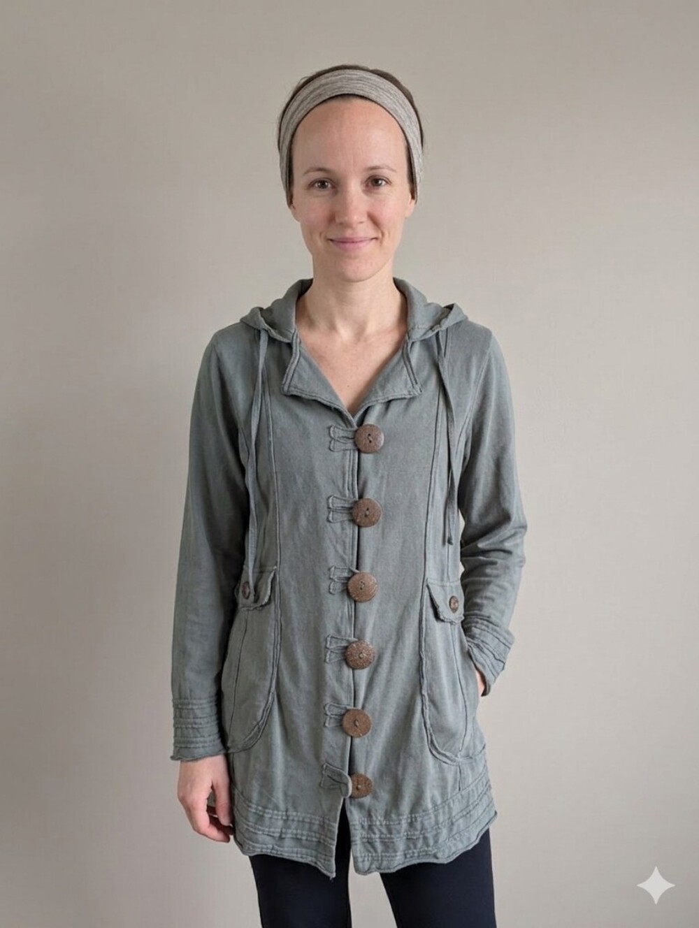 Neon Buddha Sage Green Gray Long Length Yoga Stretch Jacket Wooden Buttons XL
